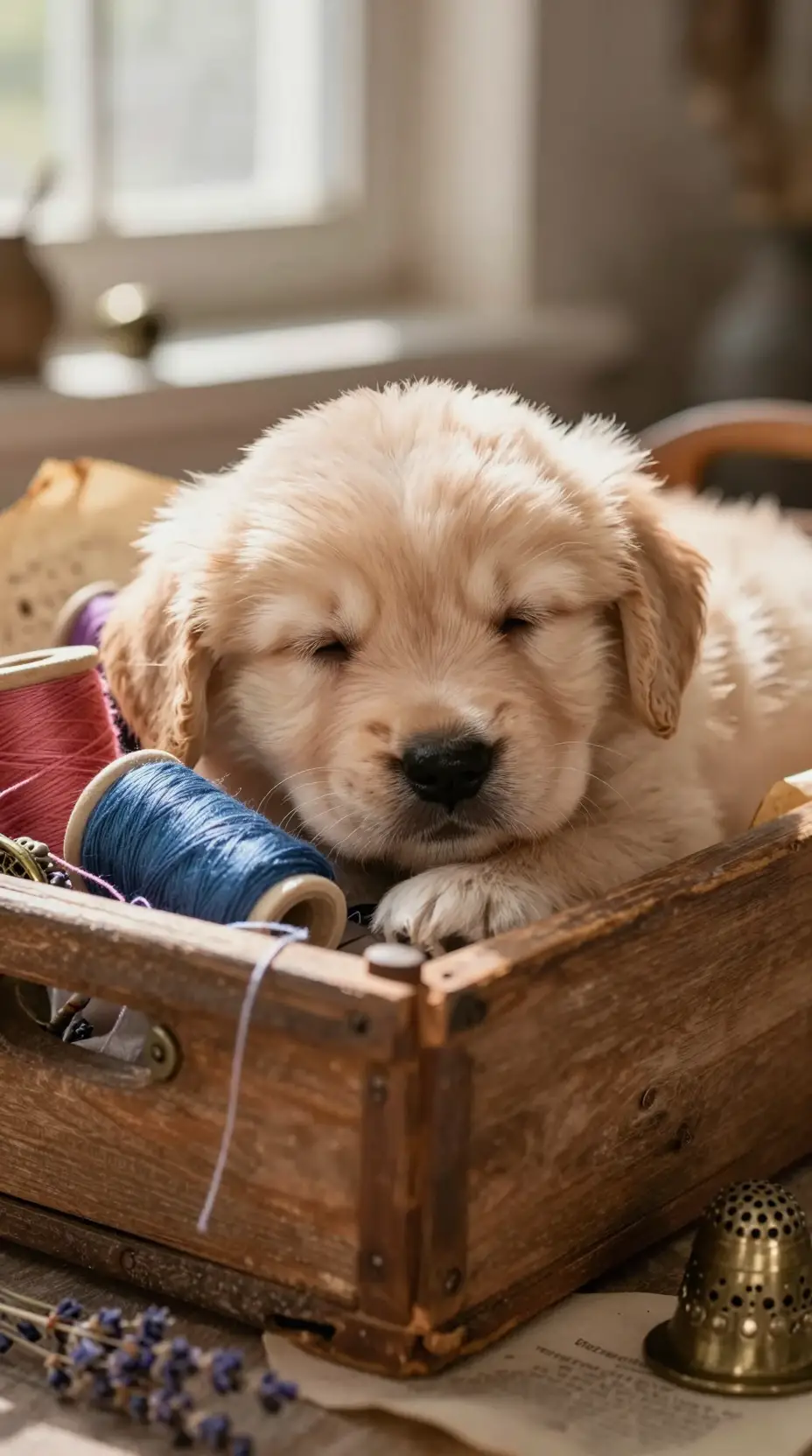 Schlafender Golden-Retriever-Welpe in einem rustikalen Nähkorb