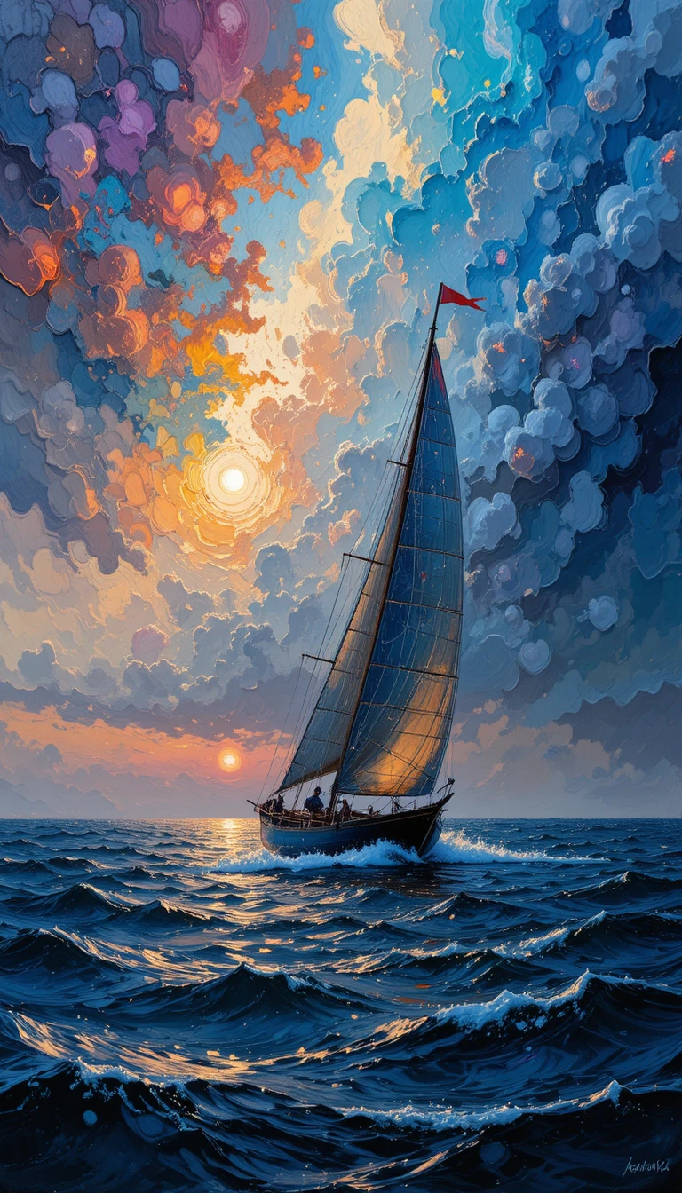 Pintura em impasto de veleiro em um mar tempestuoso e dramático