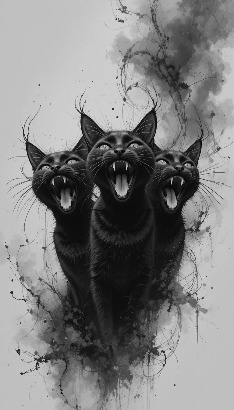 Tres gatos negros gritando en un dibujo monocromático impactante