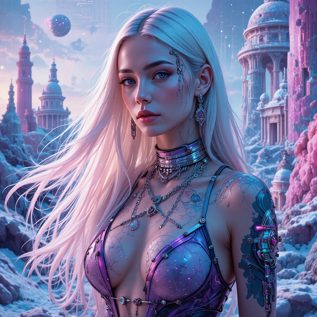 Héroïne cyberpunk se dissolvant en fragments de glitch cristallins
