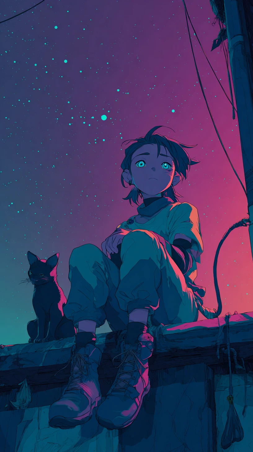 Garota de anime e gato descansando juntos em uma noite tranquila