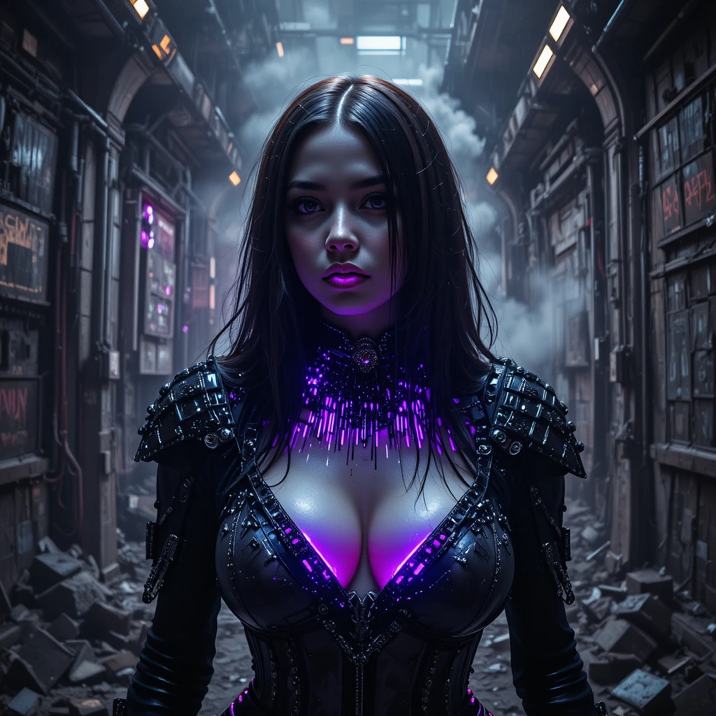 Cyberpunk femme fatale portrait with violet neon tattoos