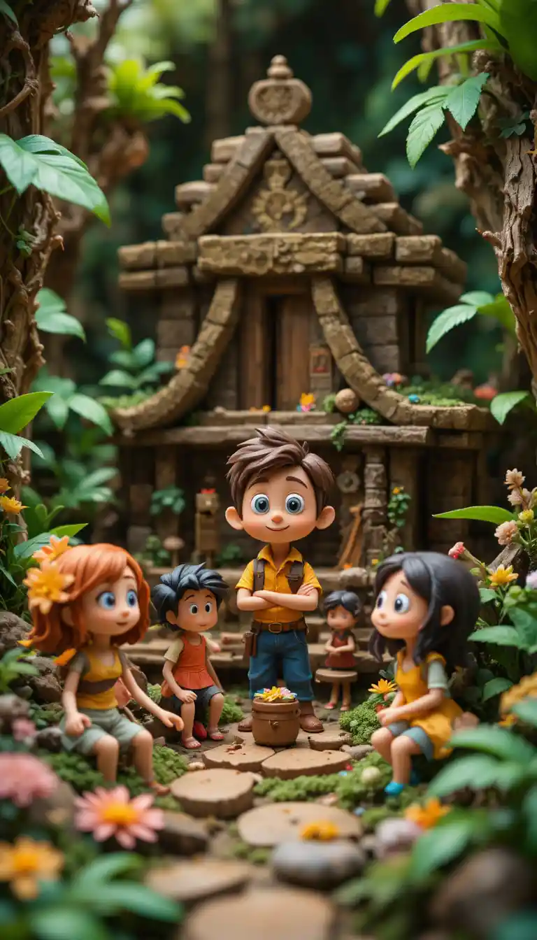 Pixar style clay children on summer forest vacation