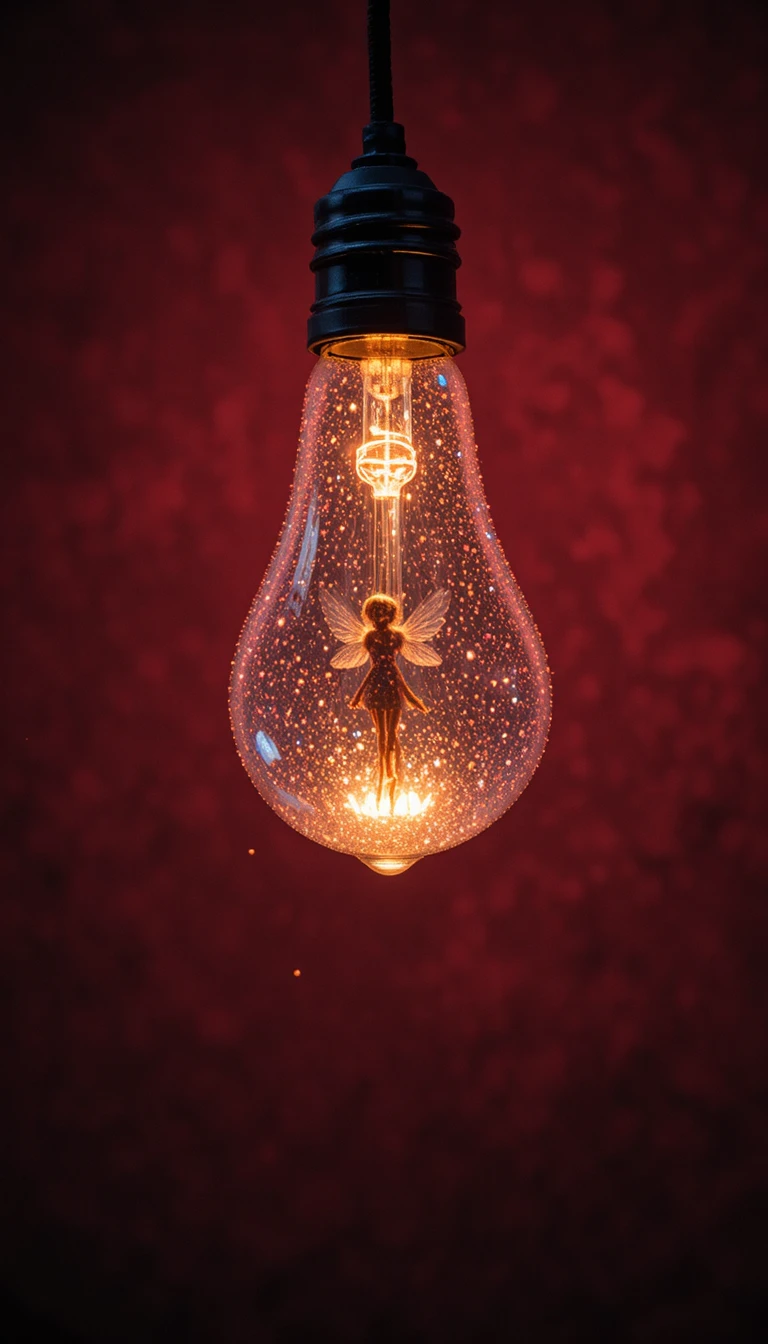 Lampadina Edison luminosa con piccola fata su sfondo rosso
