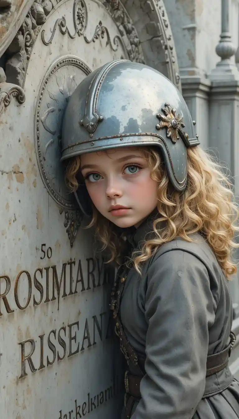 Curious young girl in armor by ornate Russian tombstone