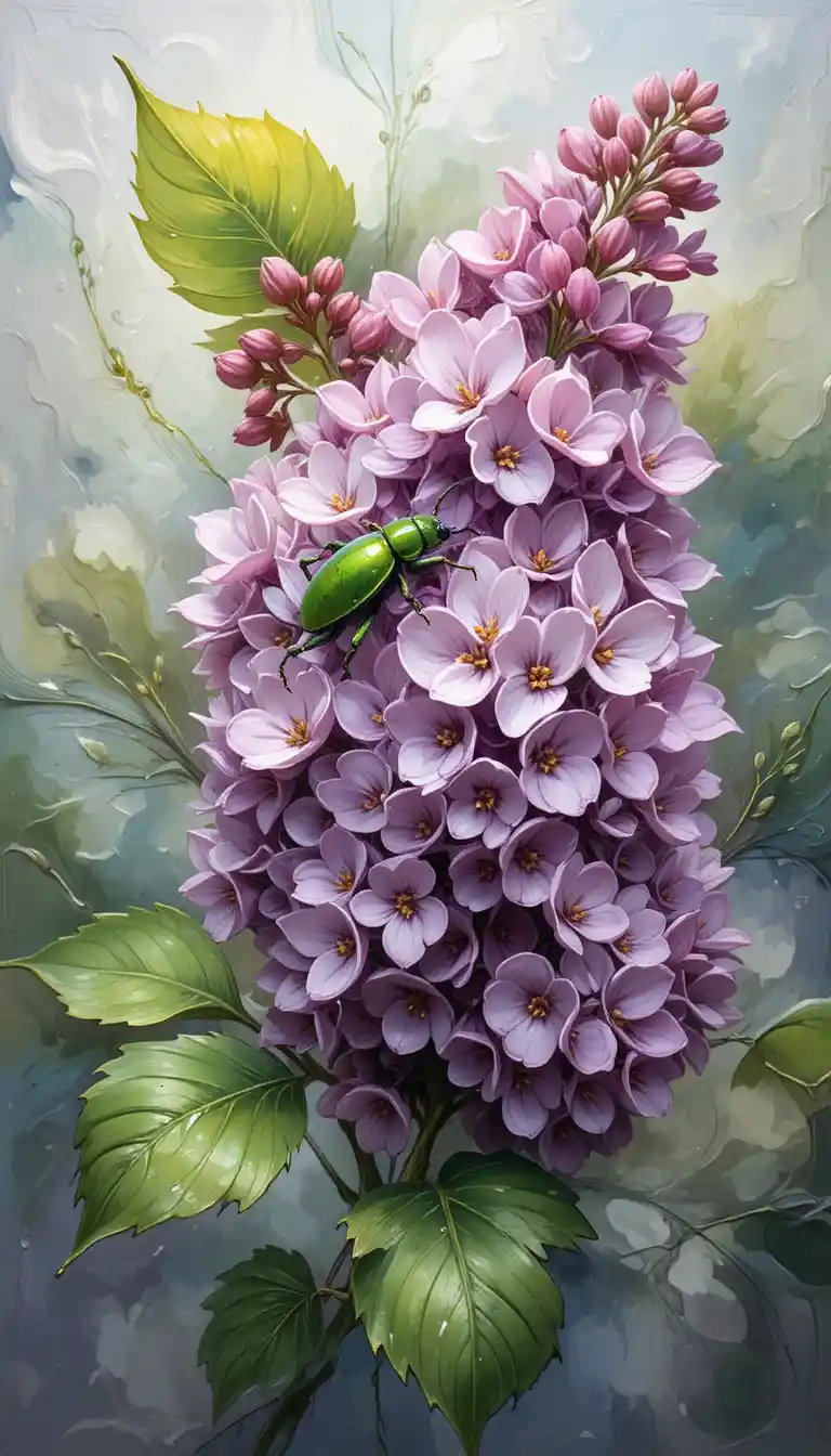 Macro impasto painting of lilac branch with green beetle