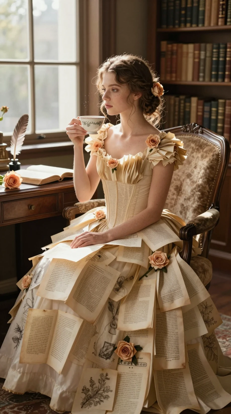 Mulher em vestido de papel sentada em biblioteca vintage iluminada pelo sol
