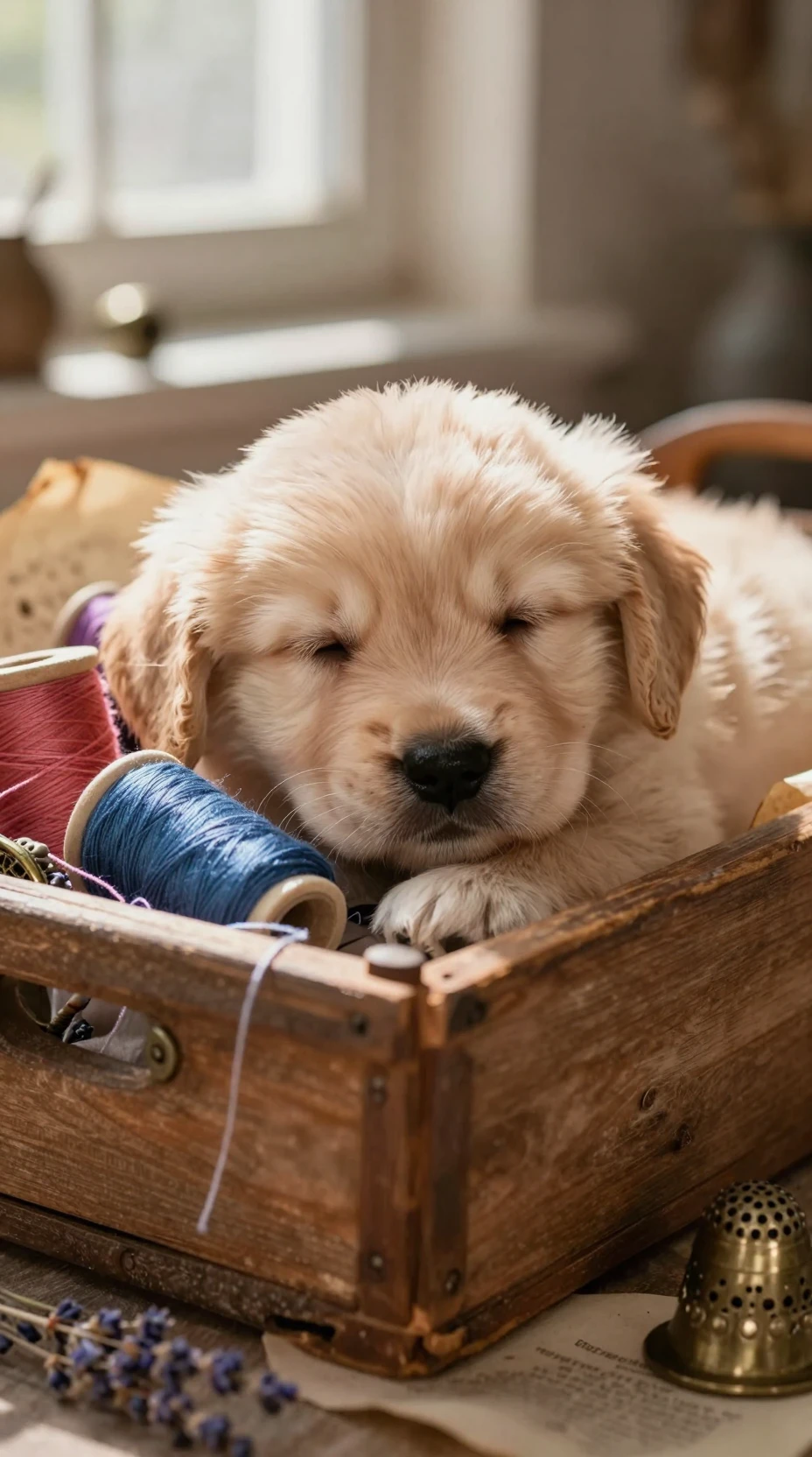 Schlafender Golden-Retriever-Welpe in einem rustikalen Nähkorb