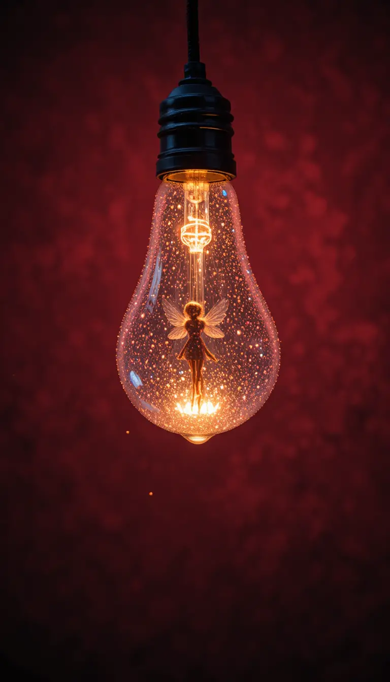 Glowing Edison bulb with tiny fairy against red background