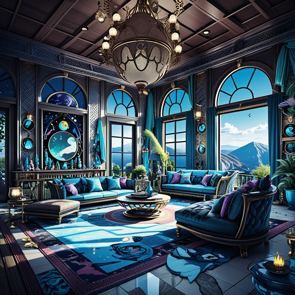 Interior de mansão de fantasia luxuosa em um sereno mundo montanhoso