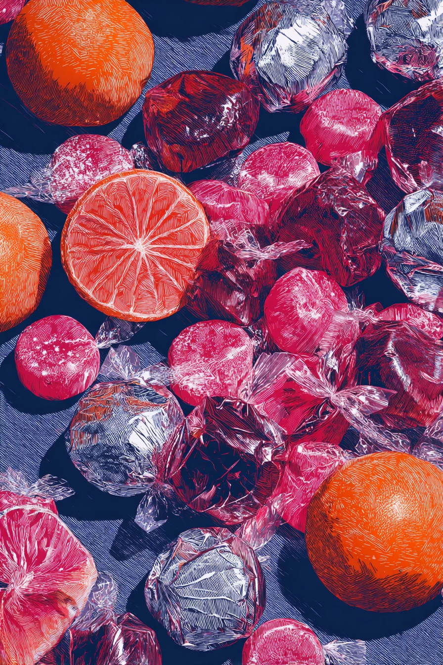 Surreal fruit candies in bold risograph anime style