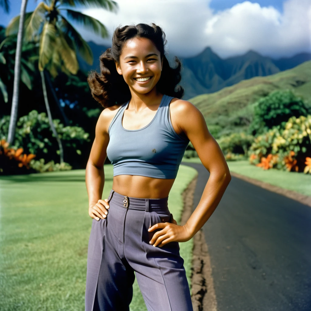 Donna hawaiana sorridente con outfit sportivo anni ’40 all’aperto