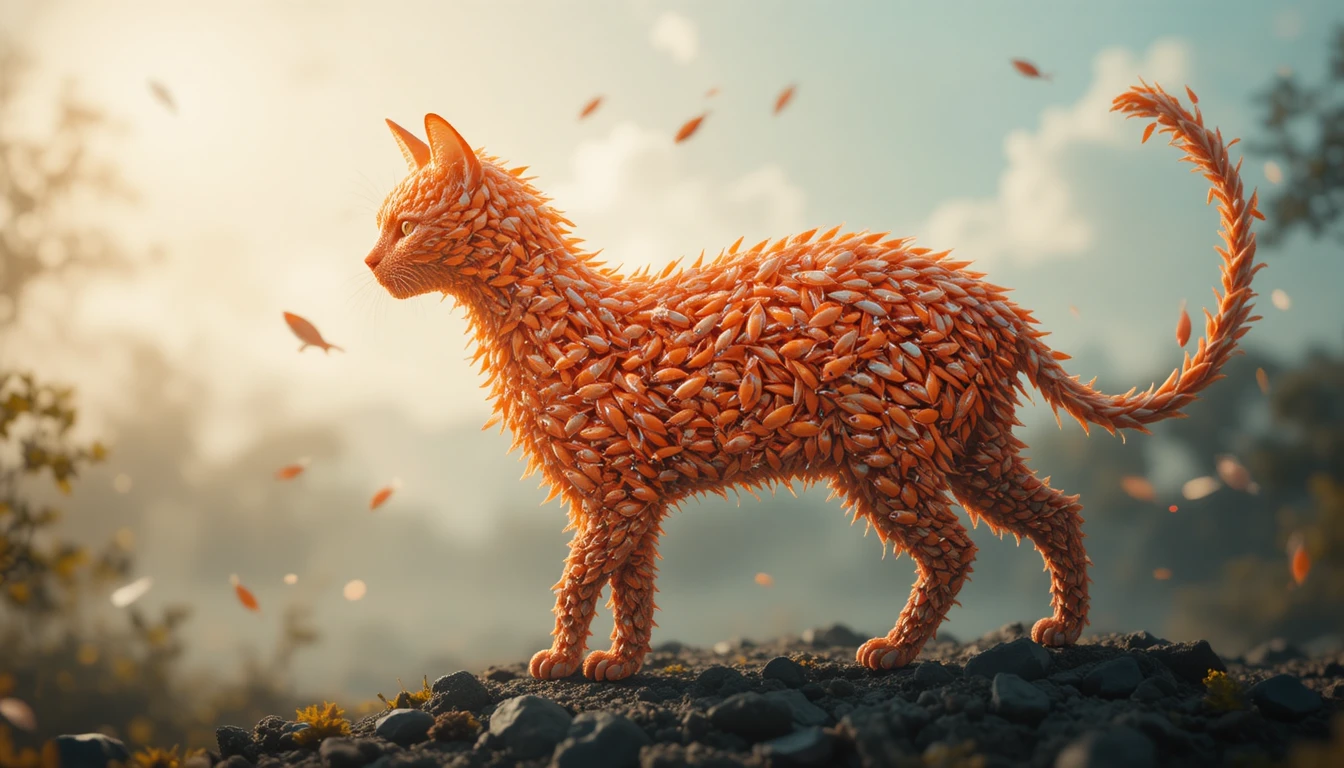 Silhueta surreal de gato formada por peixes laranja em espiral