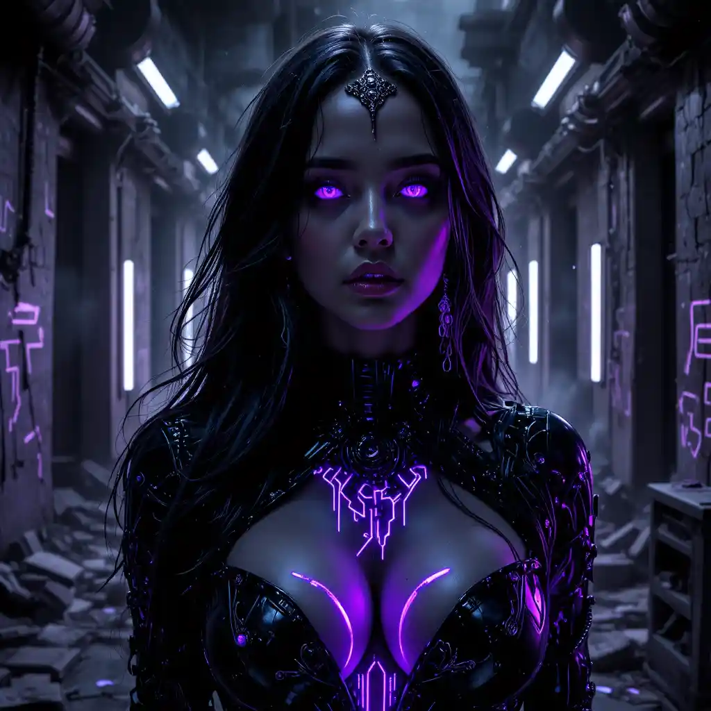 Cyberpunk-Femme-fatale-Porträt in flimmernden violetten Schatten