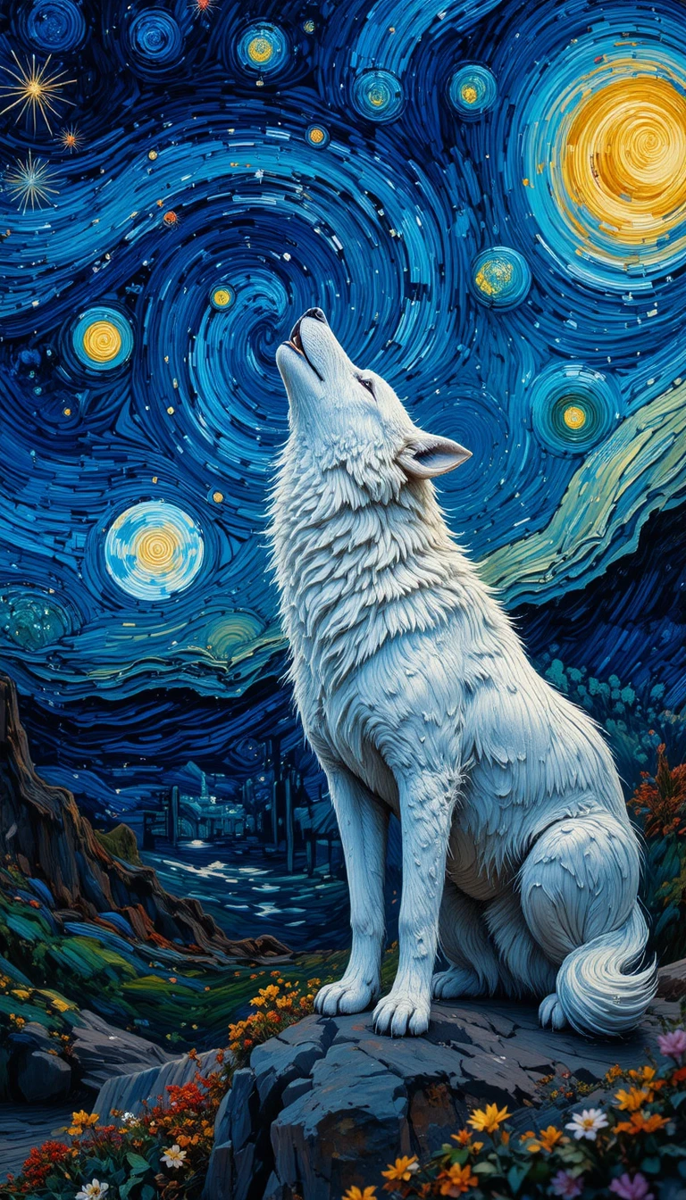 Lobo branco uivando para a lua em estilo de pintura expressivo