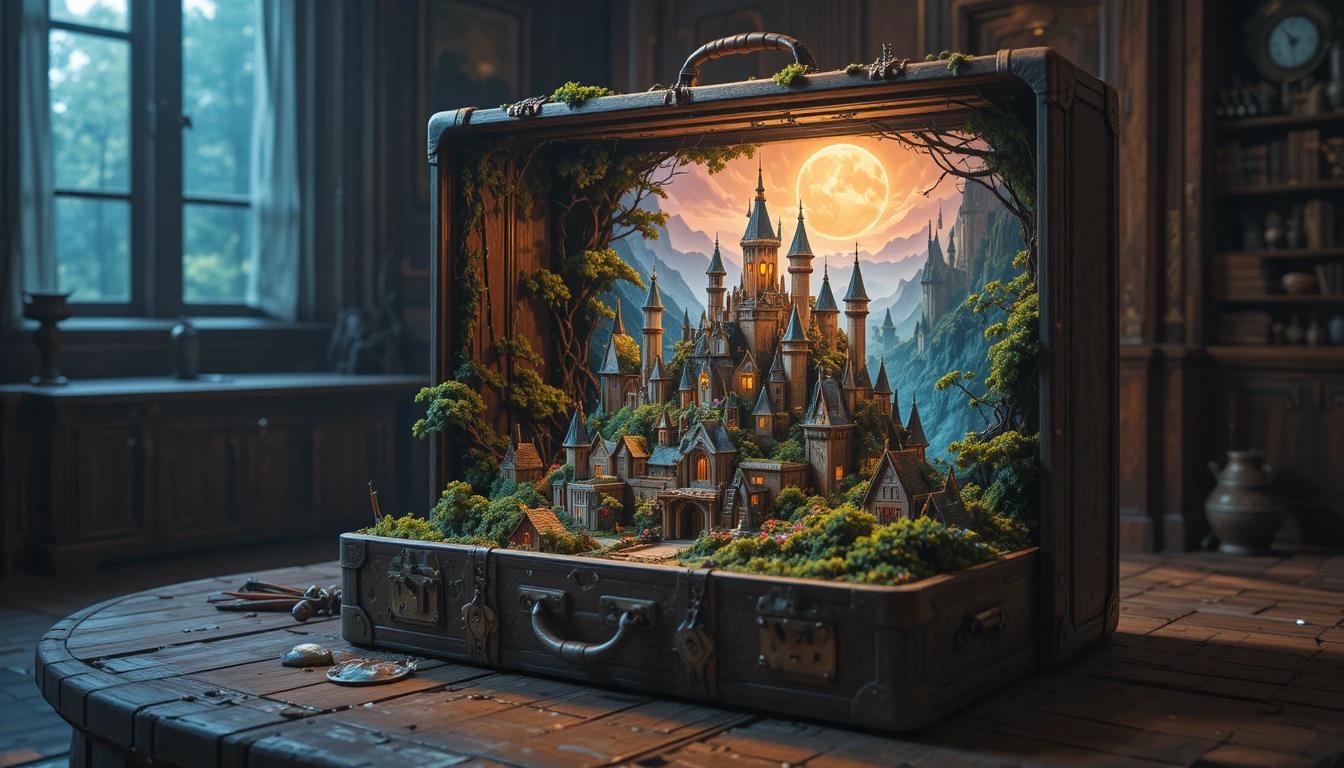 Valise ouverte révélant un monde de ville fantastique en miniature