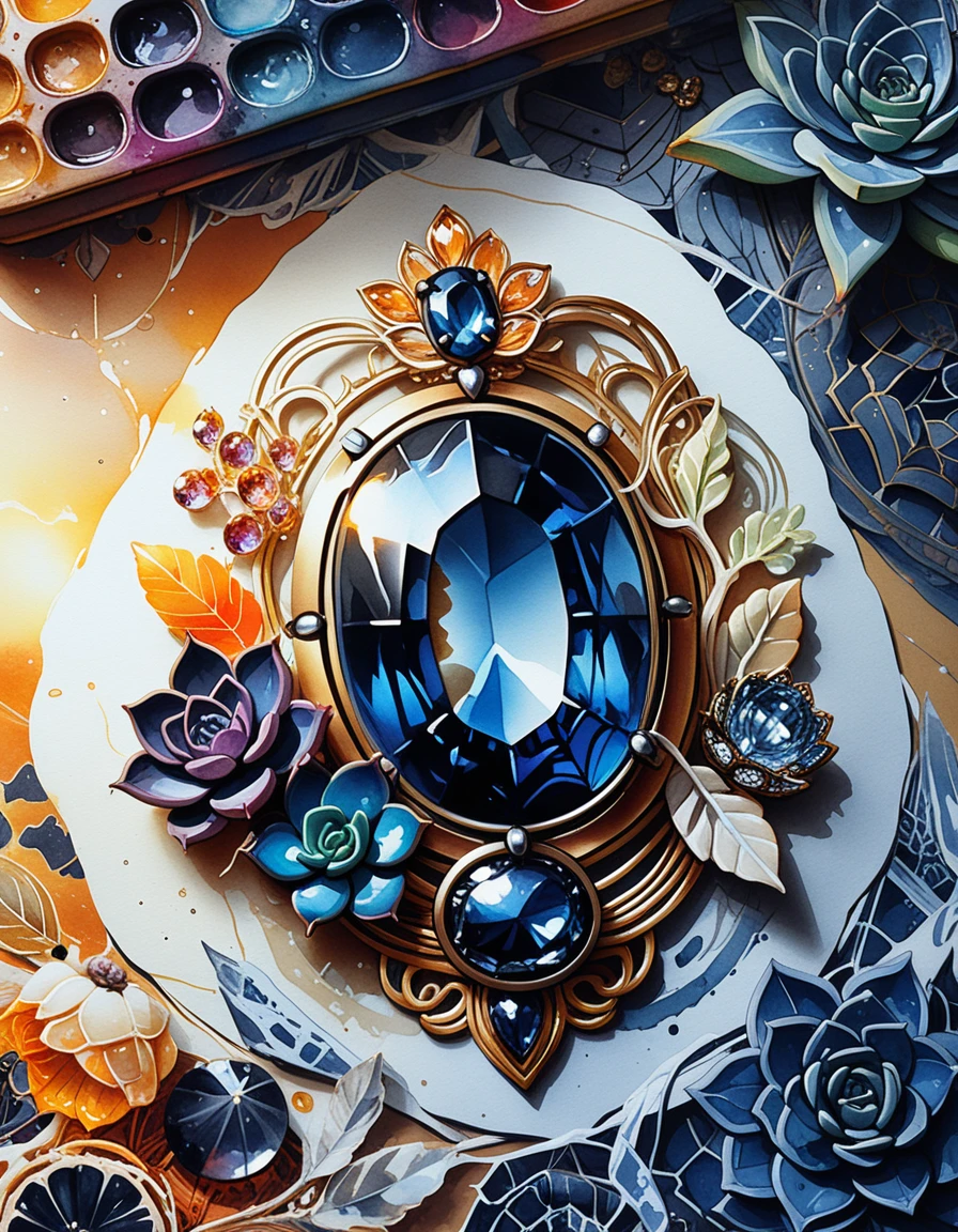 Colorful gemstone jewelry with succulents in bold sticker art