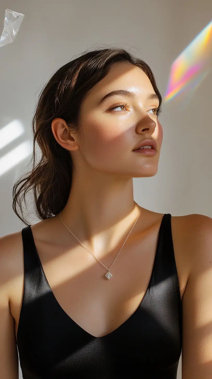 Elegant woman in black silk top with prism light