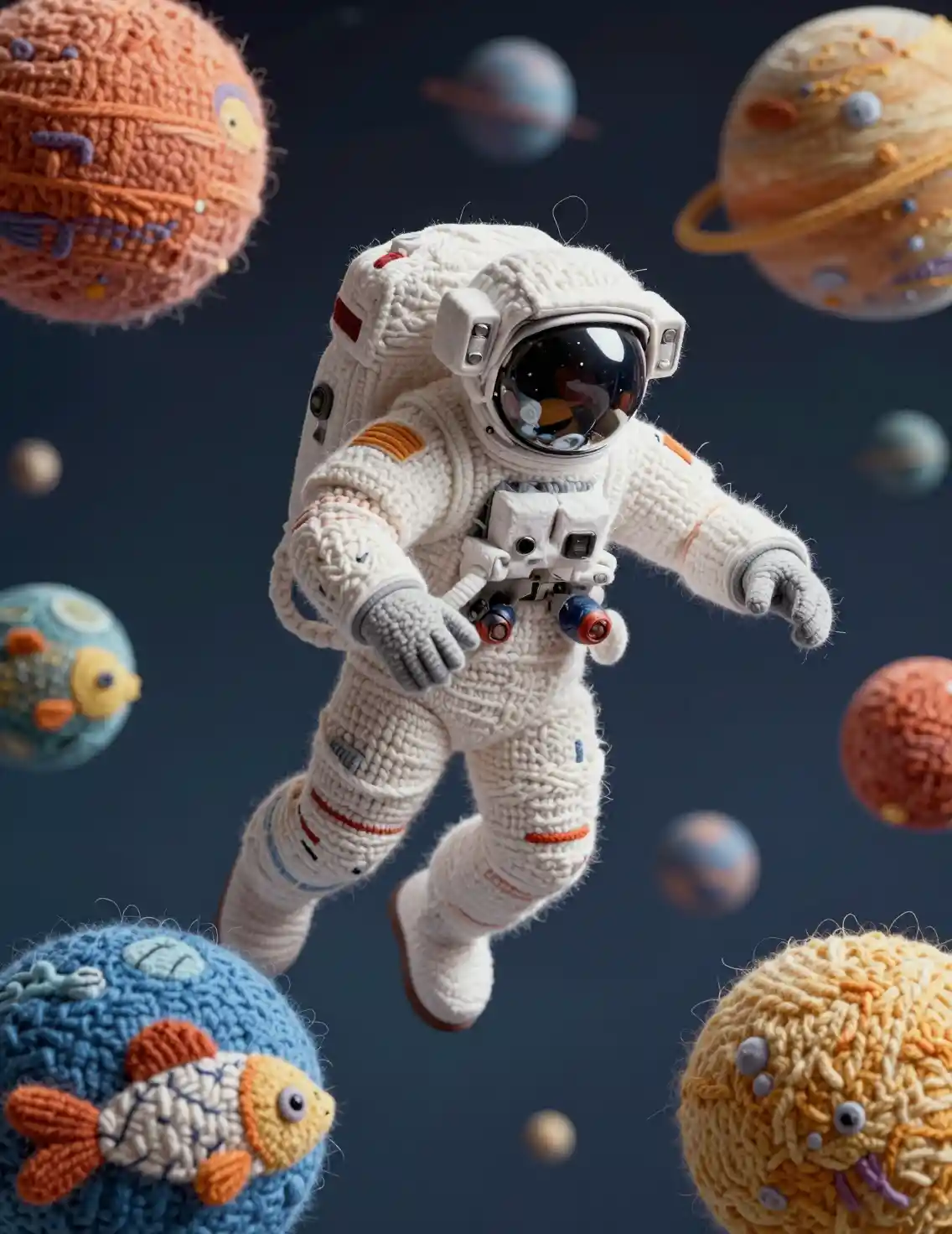 在編織行星與繽紛魚群間游泳的太空人