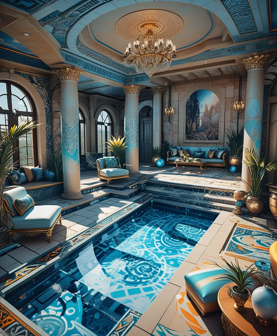 Isometric luxury stone villa interior in a serene mountain setting