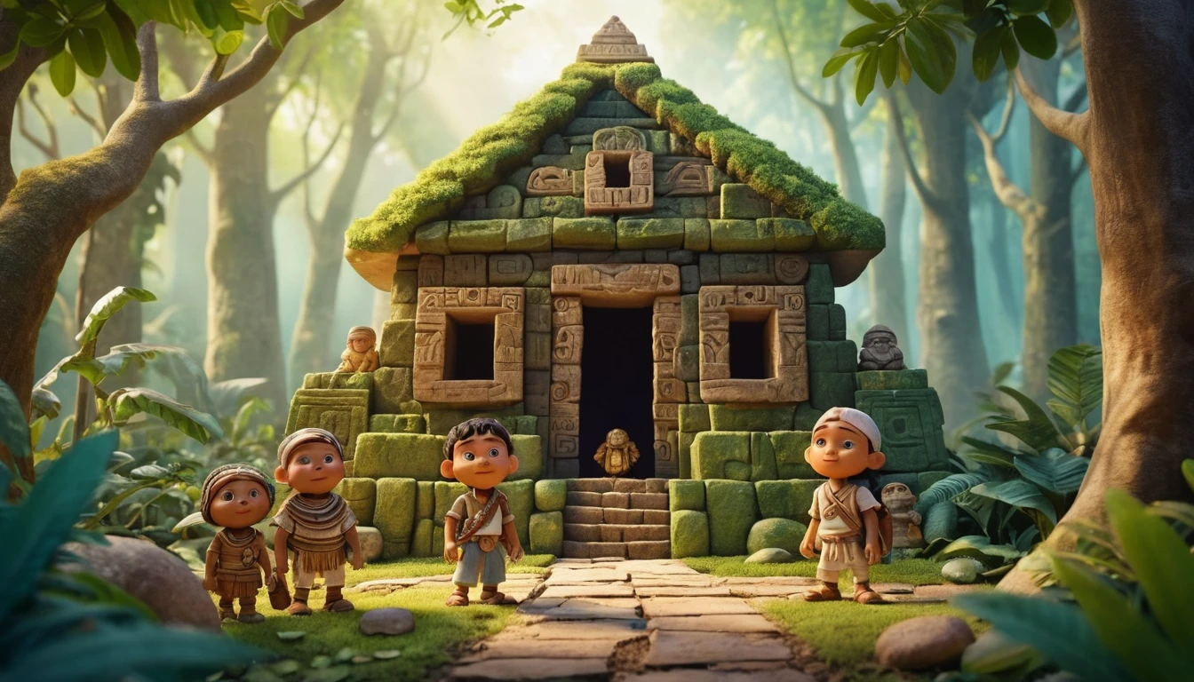 Niños juguetones en una escena fantástica de tesoro en templo maya