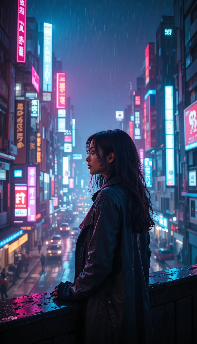 Donna che osserva una città cyberpunk al neon di notte