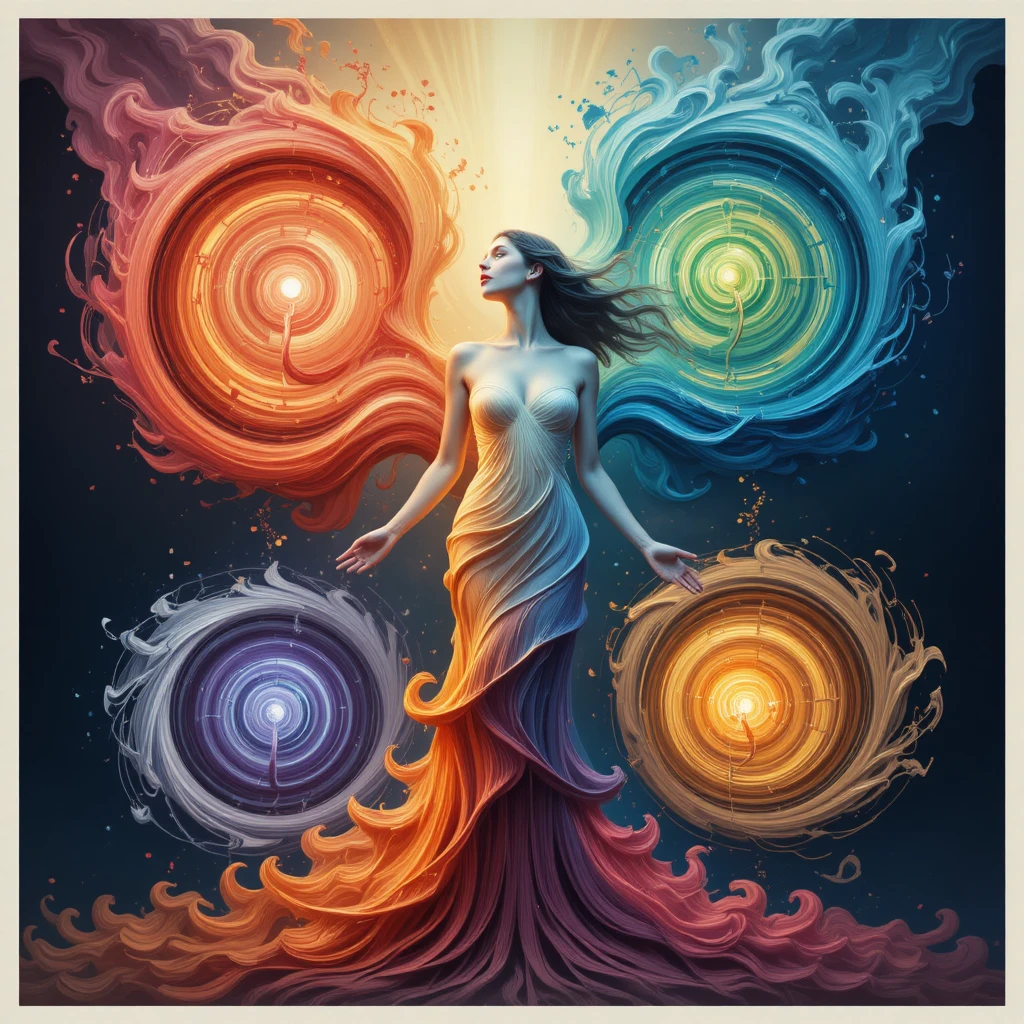 Elemental colors forming a central feminine figure in motion