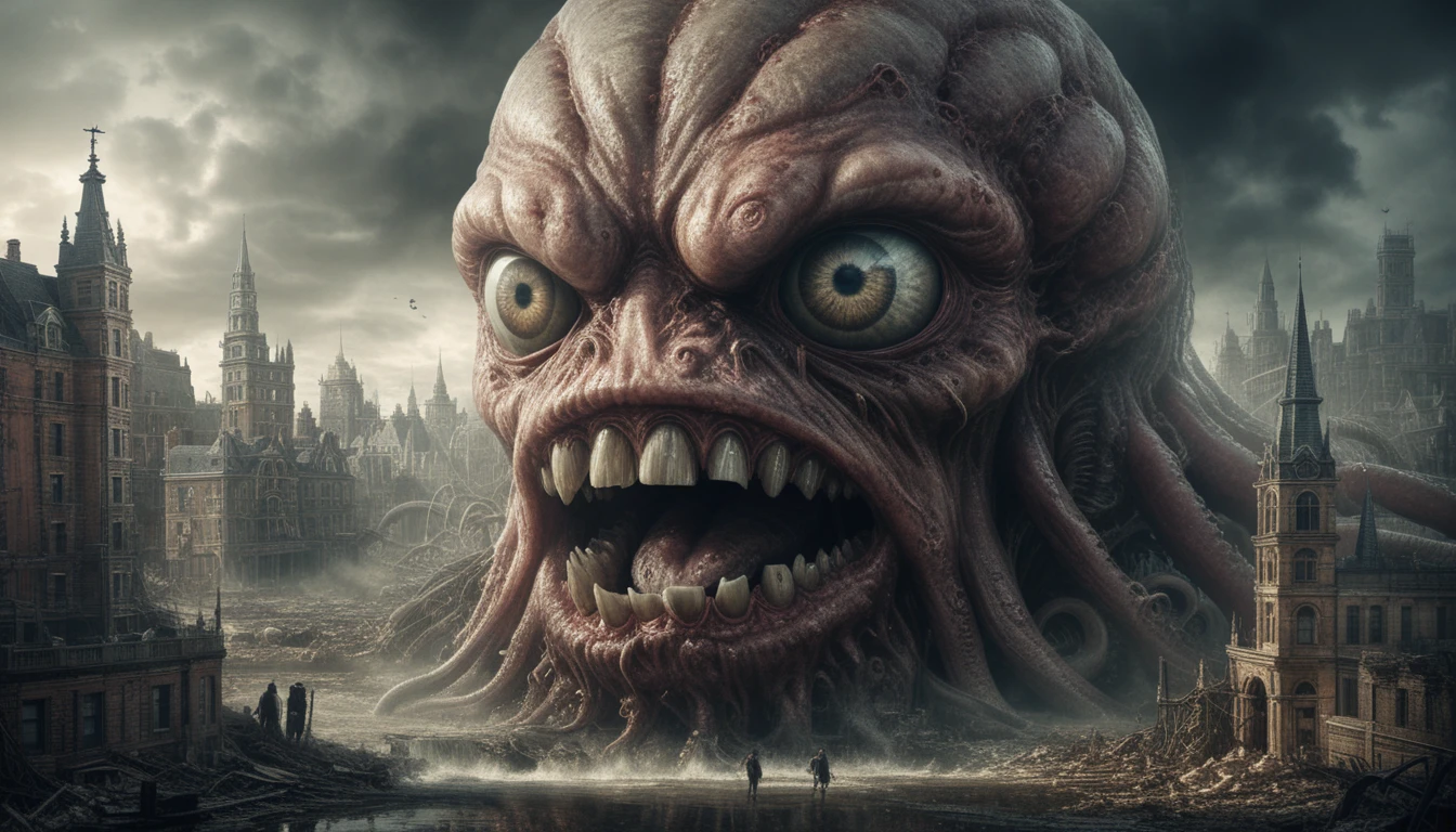 Monstro colossal com tentáculos devorando uma velha cidade vitoriana