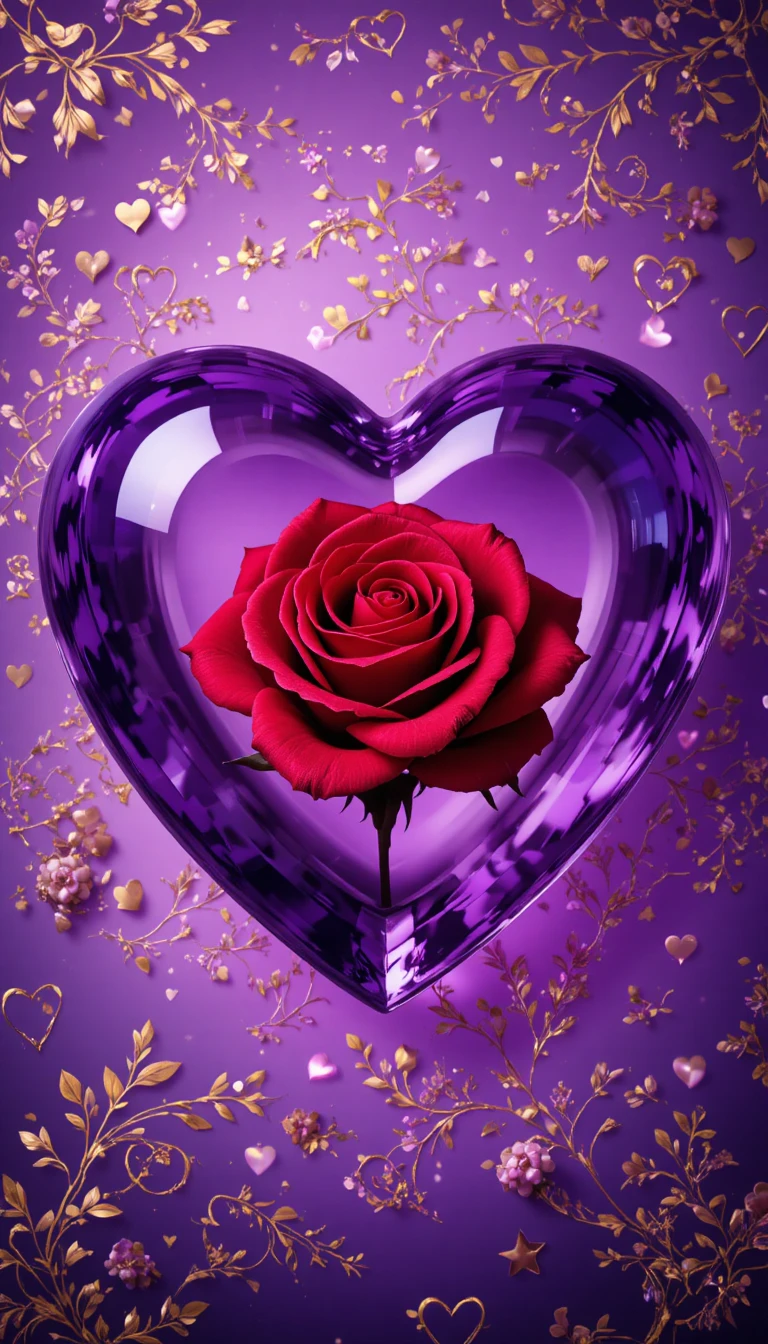Purple glass heart with red rose and patterned glow