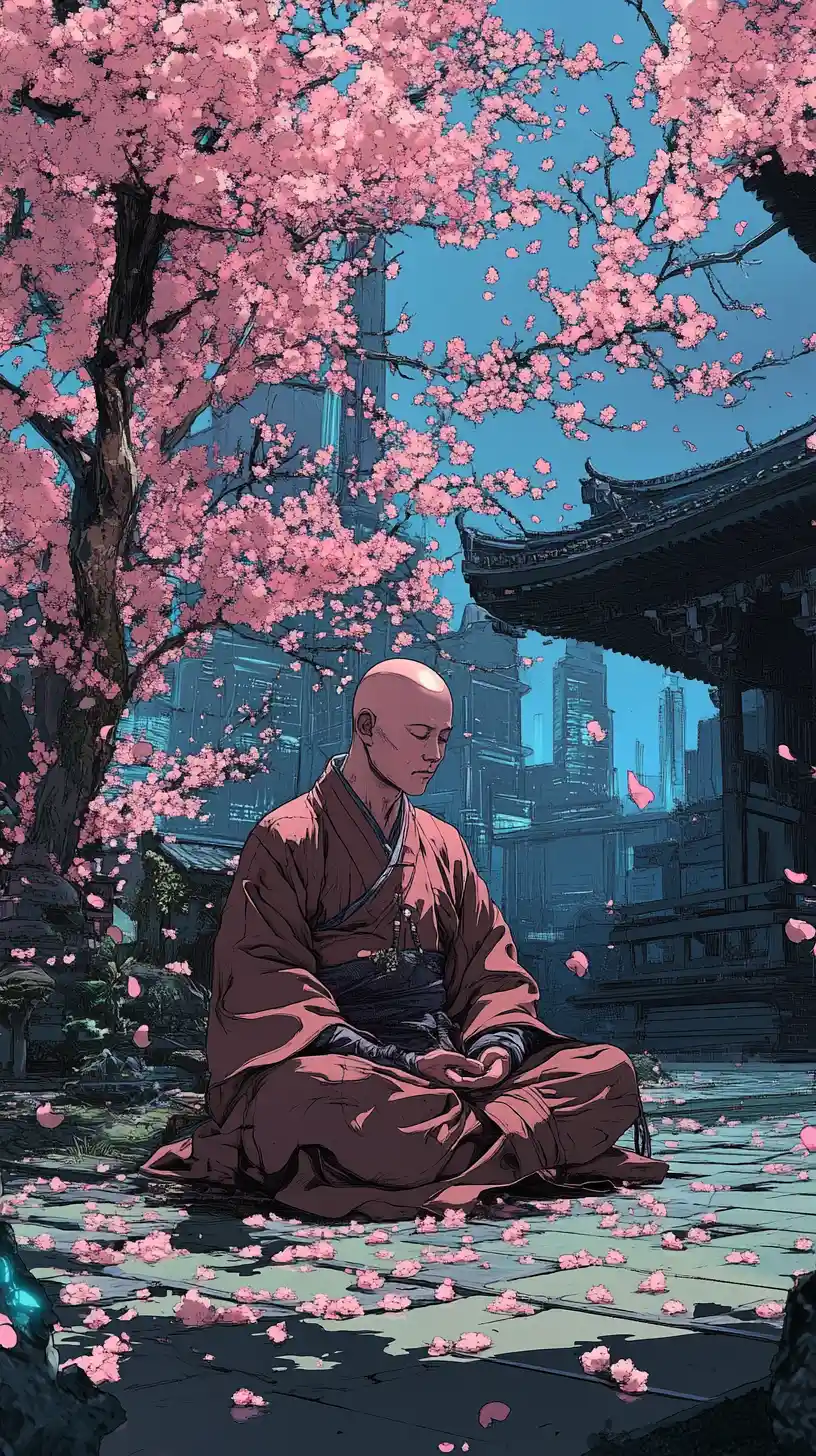 Monk Meditating Under Cherry Blossoms In Japanese Garden