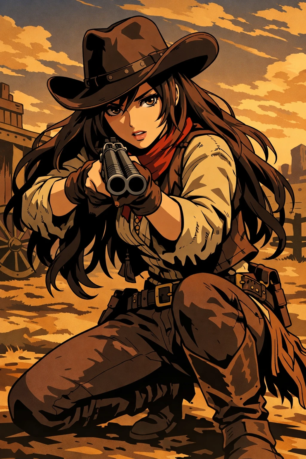 Cowgirl mirando uma espingarda em estilo cel shading dramático