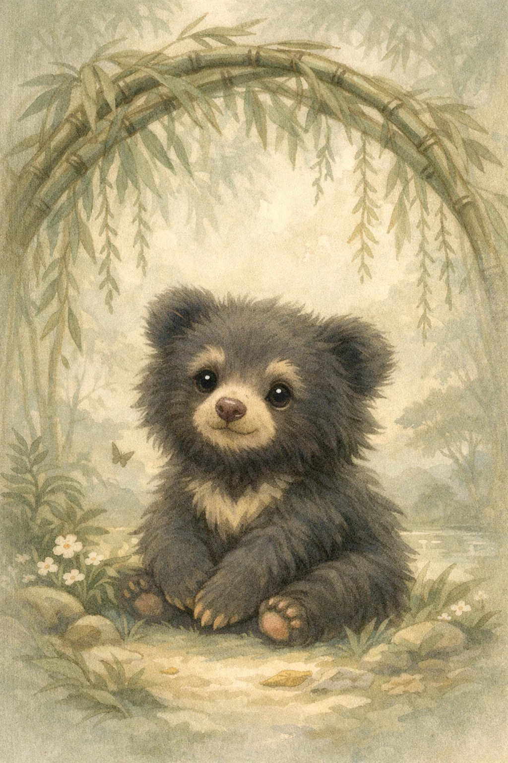 Cucciolo di orso bradipo seduto sotto il bambù in una dolce arte da cameretta
