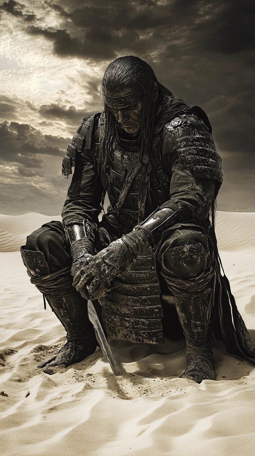 Samurai exausto ajoelhado sozinho na areia ao entardecer