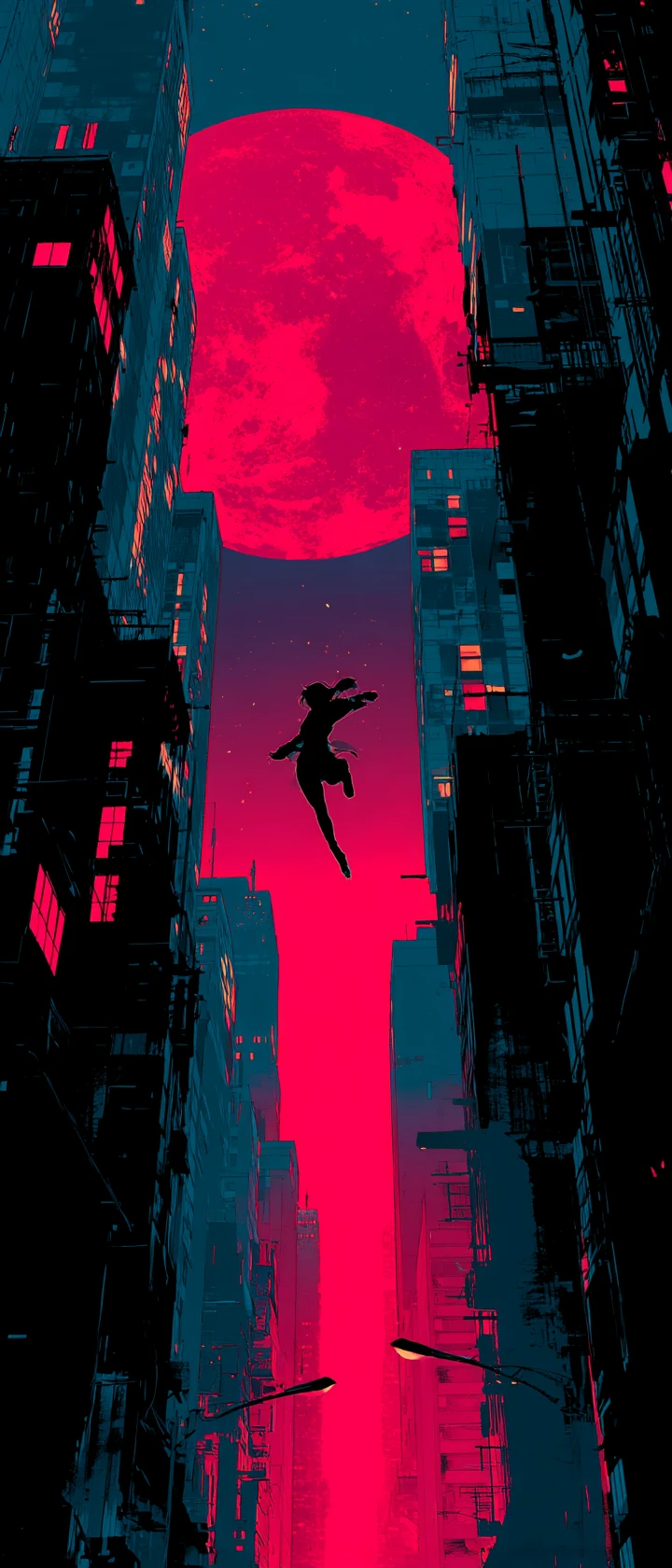Ladrão sombrio de anime saltando entre arranha-céus de cidade neon
