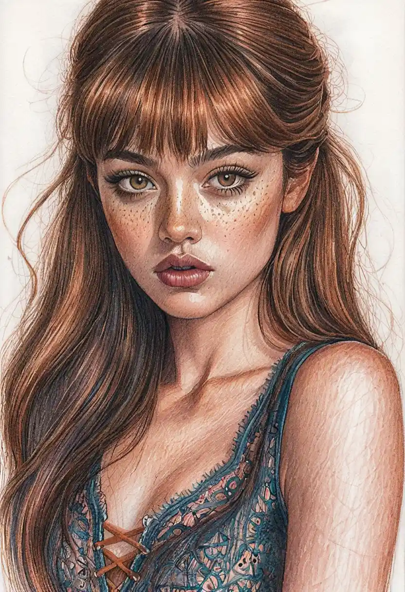 Colored pencil portrait of a freckled girl with teal lace top