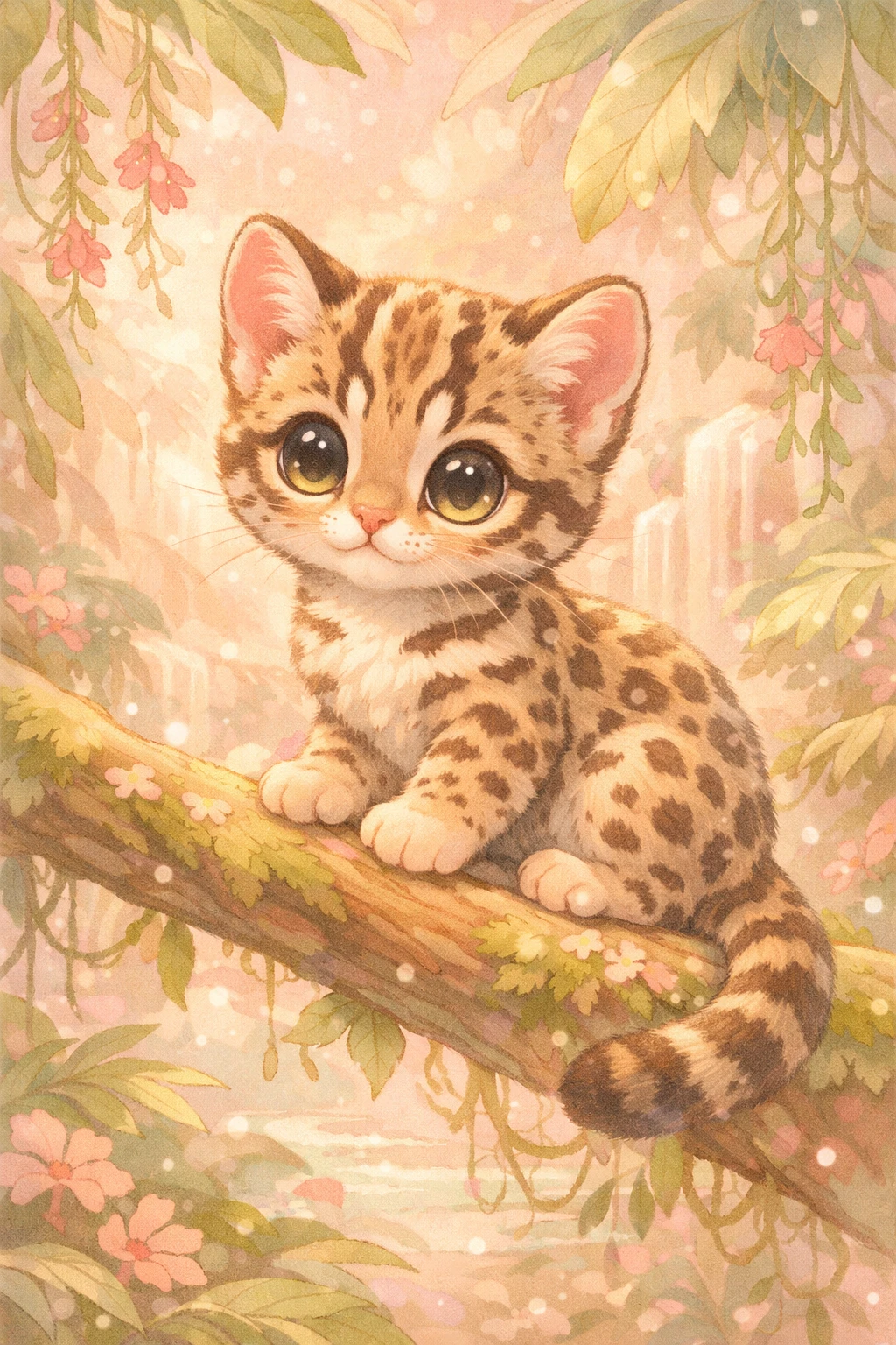 Bébé chat de jungle sur une branche dans une illustration de chambre pastel