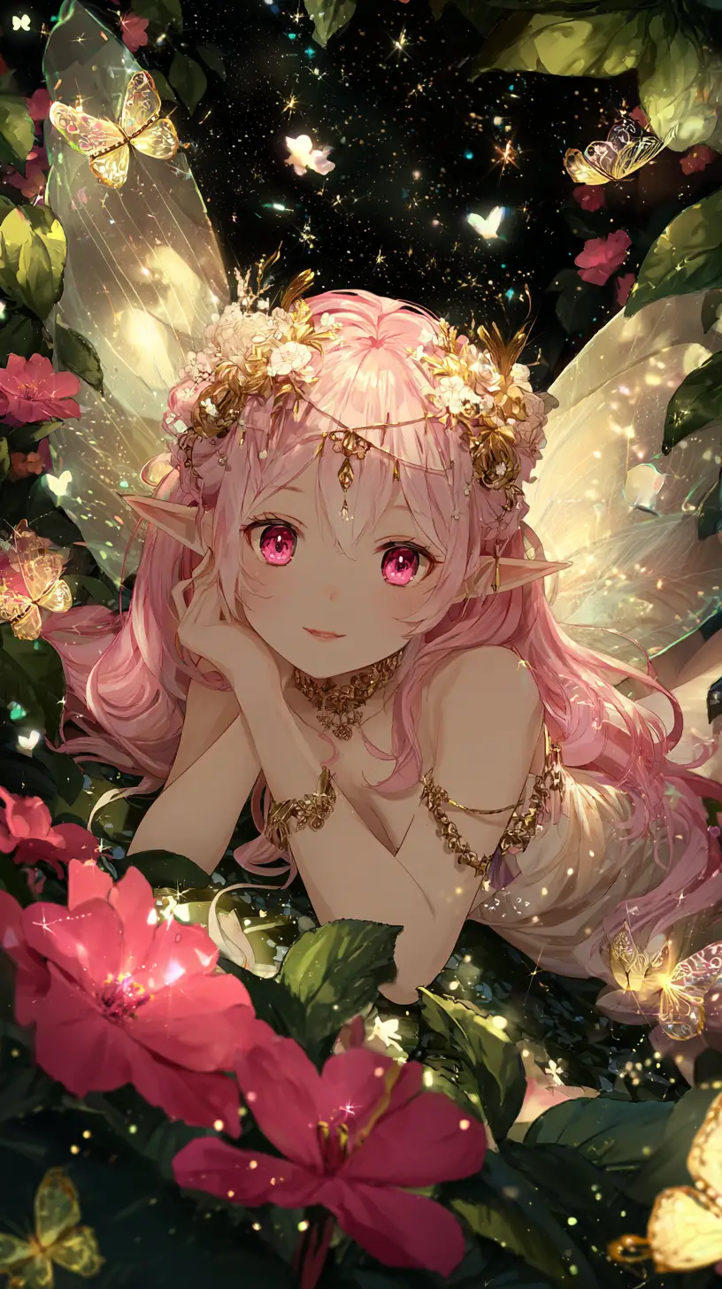 Dreamy anime fairy girl in a glowing cosmic garden