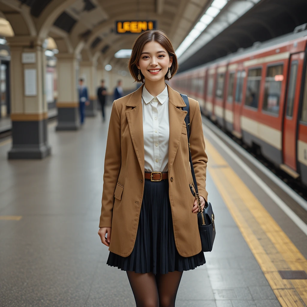 Smiling woman in skirt waiting at a city train station