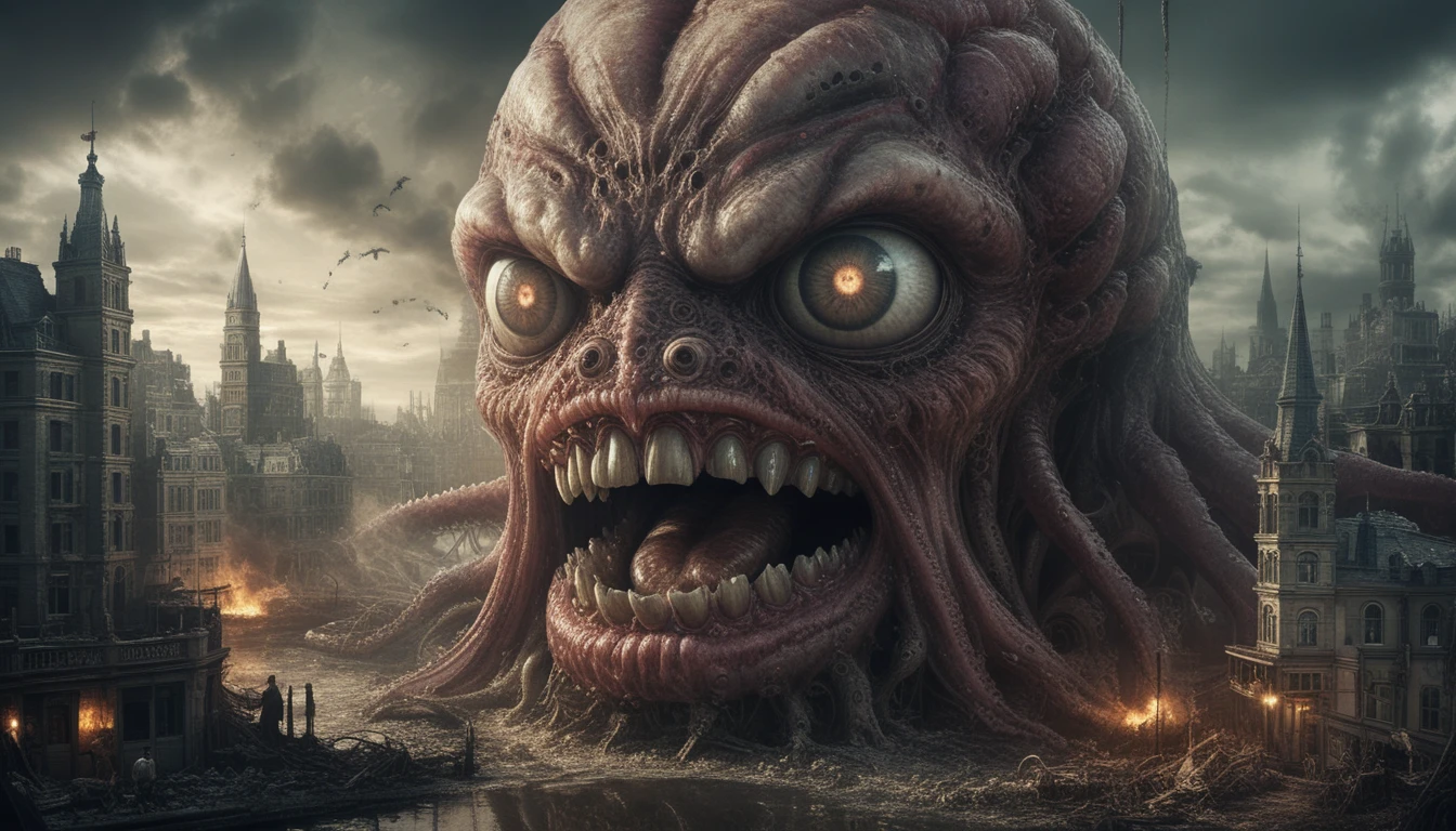 Monstro colossal com tentáculos destruindo uma rua vitoriana