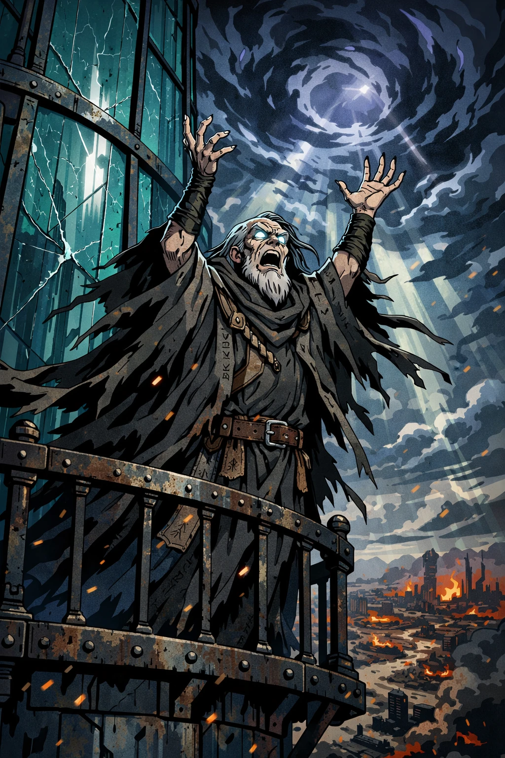 Ancient wizard casting a spell on a glass tower balcony
