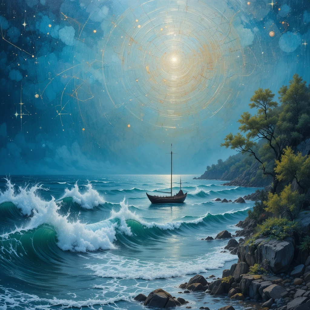 Paisagem marítima surreal e luminosa com ondas suaves e barco distante