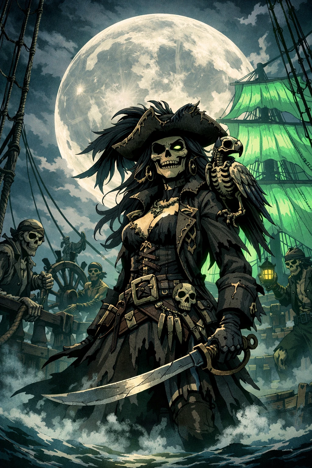 Capitaine pirate mort-vivante sur un bateau fantôme sous la pleine lune