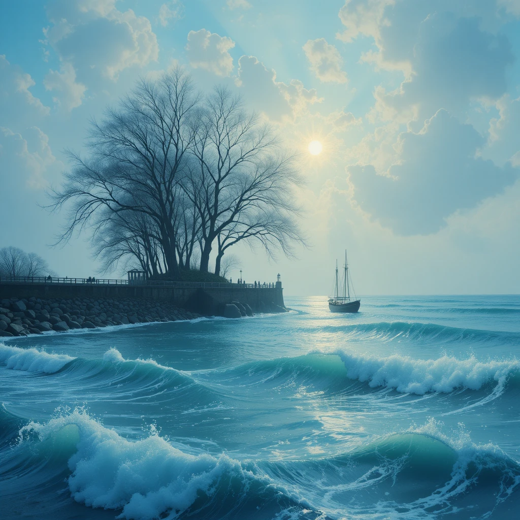 Paysage marin surréaliste avec vagues, arbres et bateau solitaire