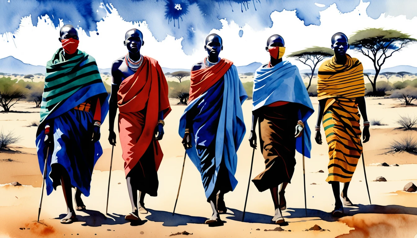 Quatro figuras Maasai em vibrante cena de deserto em aquarela