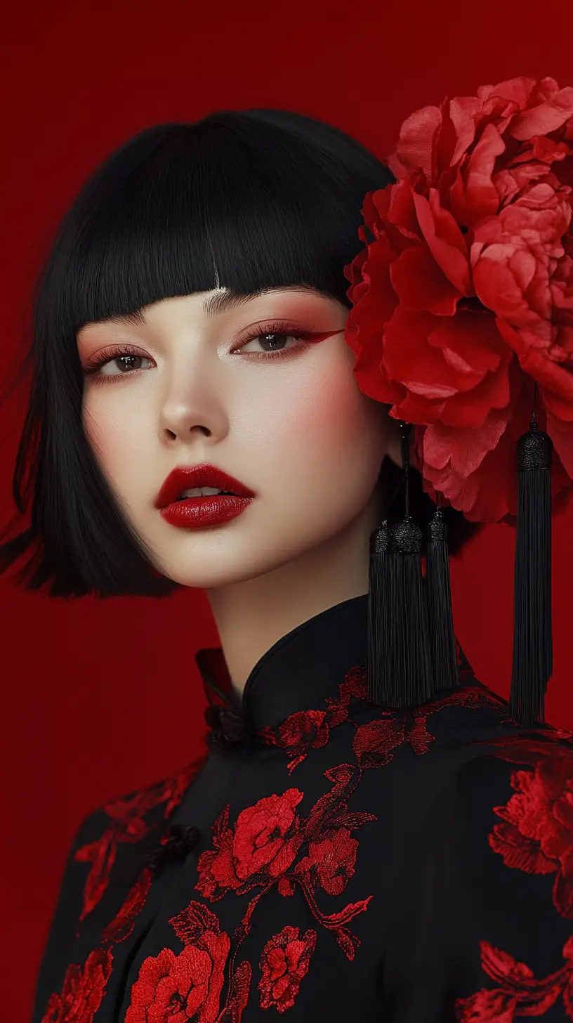 Elegante Frau im schwarzen Cheongsam mit roten Pfingstrosen-Details
