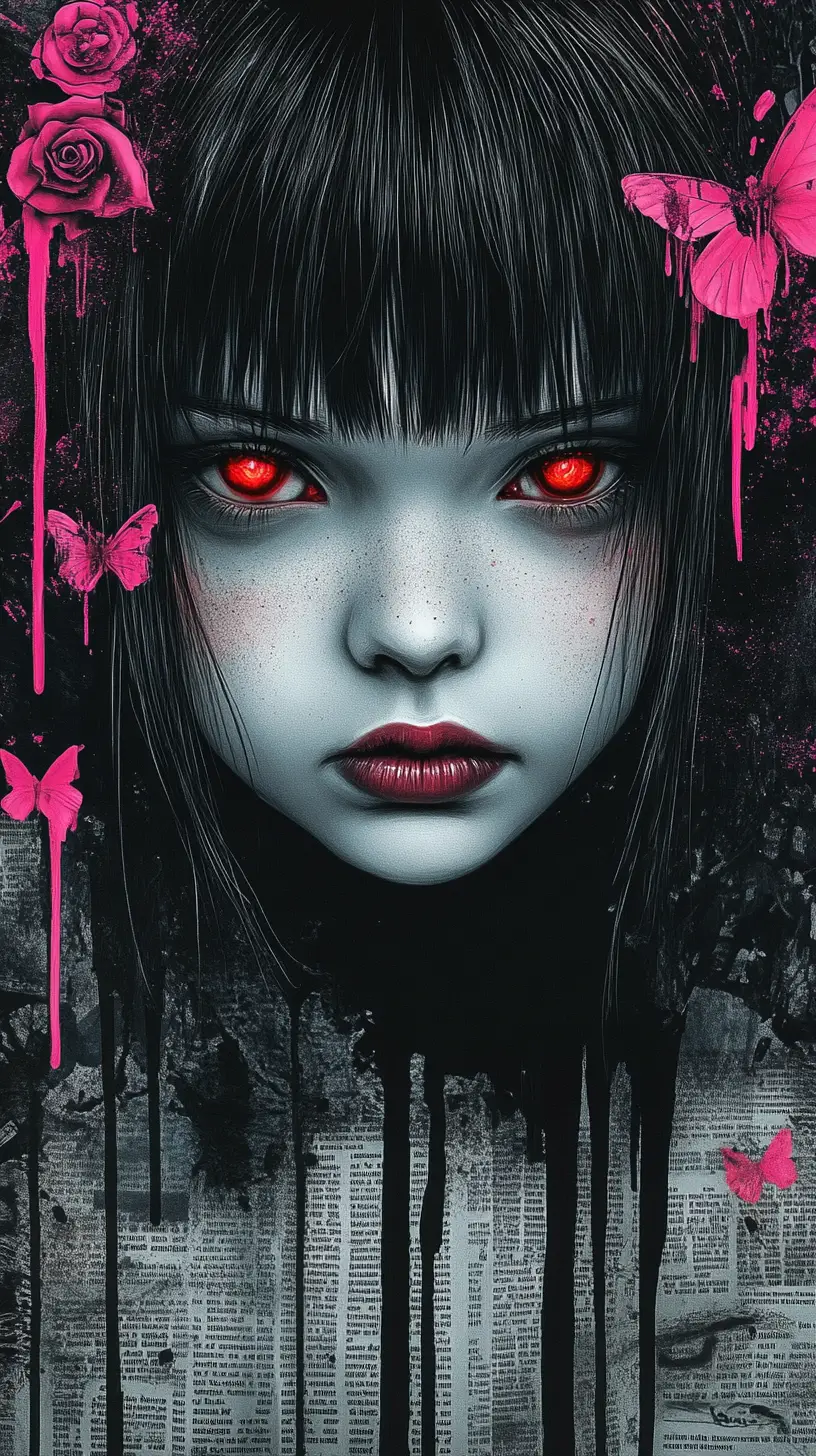 Girl with glowing red eyes in dark urban collage