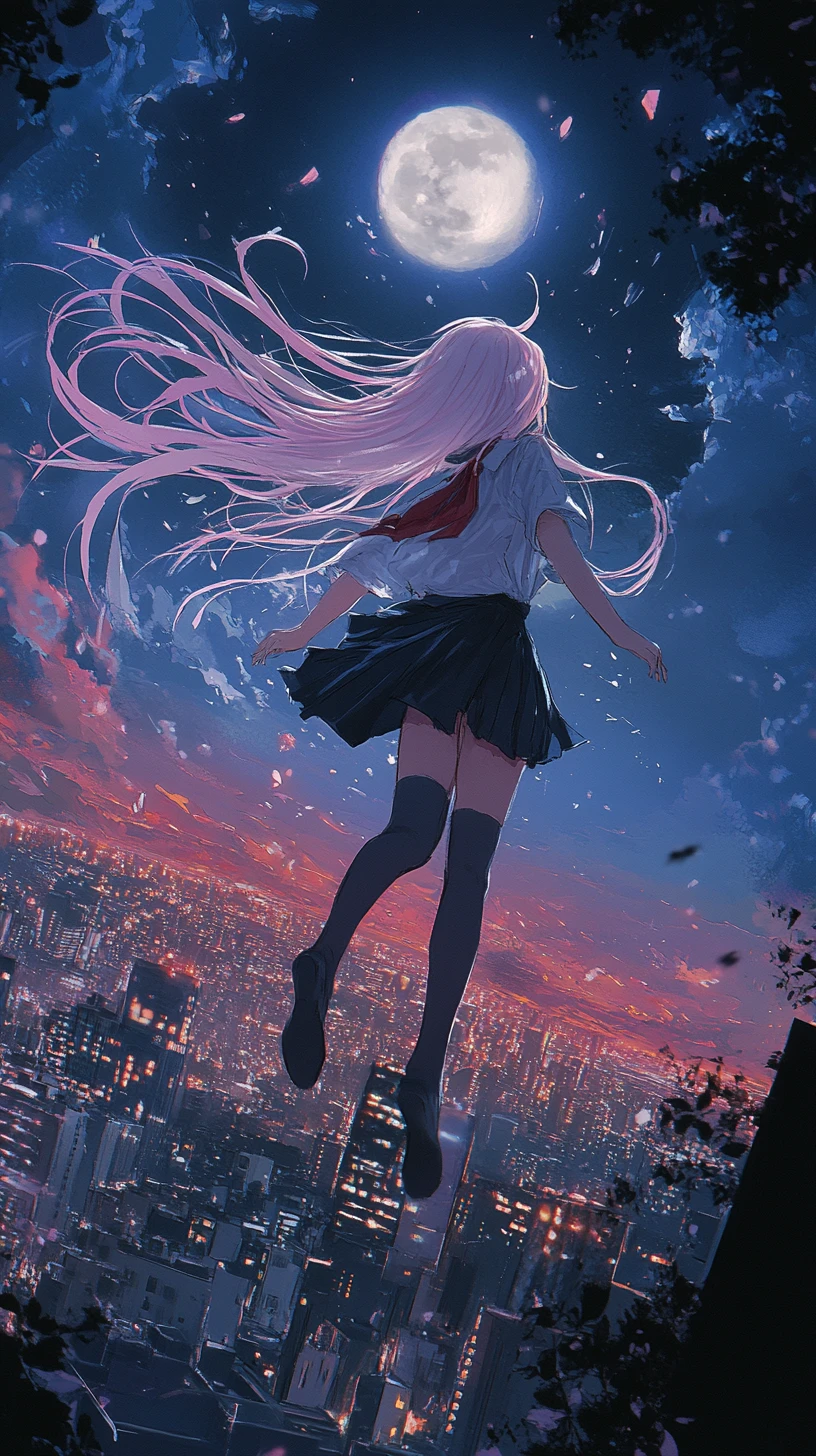 Ragazza anime che scende nel cielo cittadino illuminato dalla luna