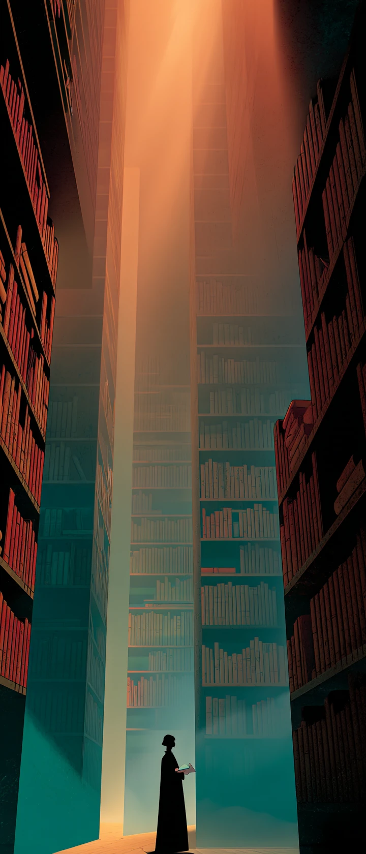 Bibliotecária de anime misteriosa guardando tomos brilhantes em uma biblioteca alta
