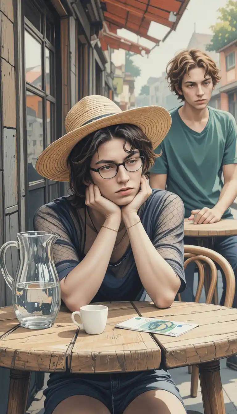Wistful woman in straw hat at quiet outdoor cafe table