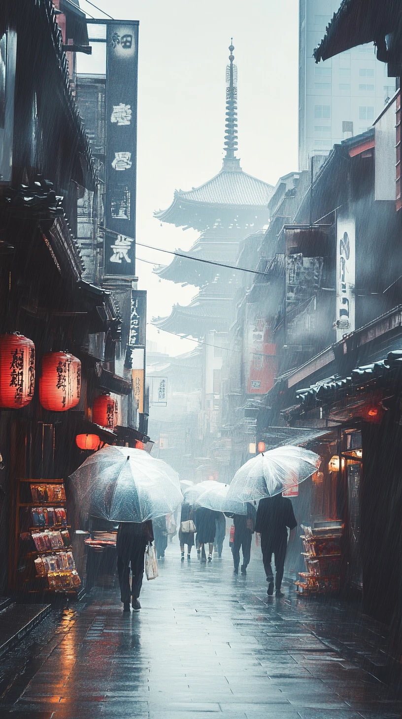 Rua enevoada em Asakusa com lanternas e detalhes futuristas